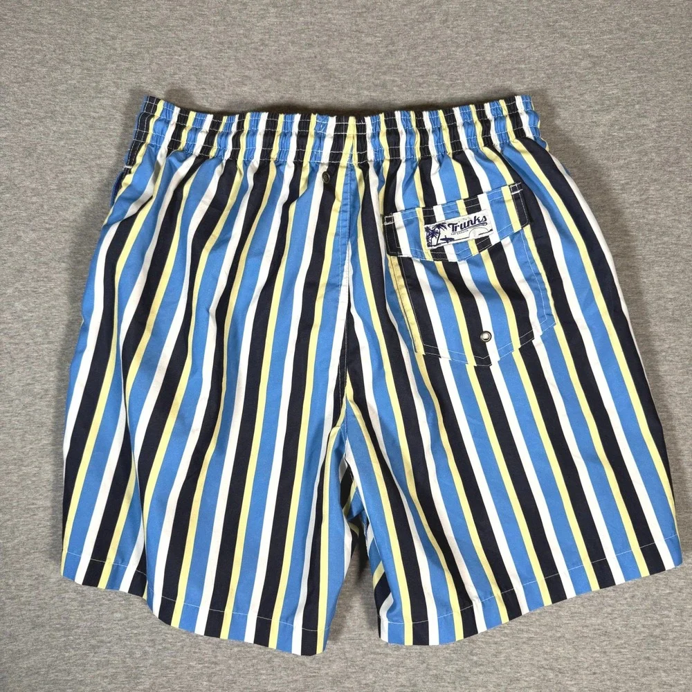 Trunks Surf & Swim Co Mens L Blue Yellow Striped Mesh Lined Swim Trunks